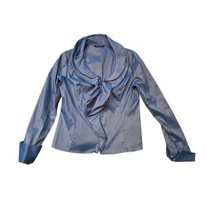 Samuel Dong Ruffle Zip Blouse Tunic Top Blue Taffeta Party Elegant Women Medium